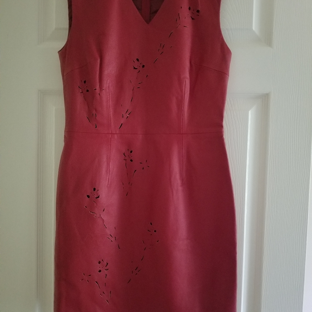 Red Faux Leather Dress with Appliques, V-Neck, Fully Lined Size 4, Styleworks - Picture 1 of 8
